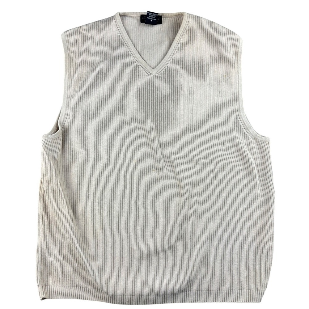Eddie Bauer‎ Sweater Vest Men M Cream Beige 100% Mercerized Cotton Ribbed V-Neck
